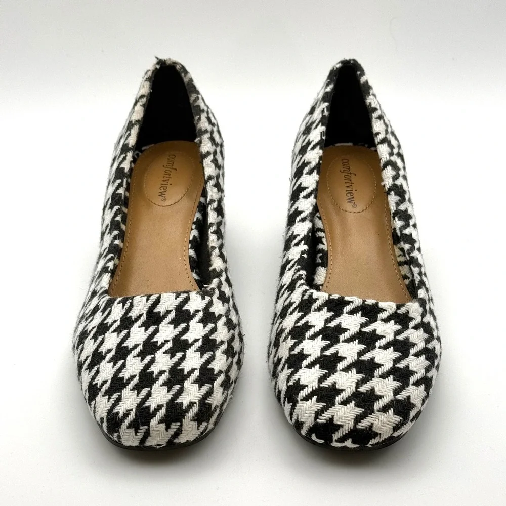 Comfortview Marisol Houndstooth Block Heel Pumps Black White Square Toe Shoes 9M